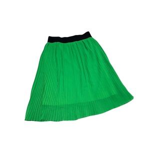 Women's Dark Green Neon Pleated Midi Skirt Black Elastic Waist Sheer Lined Retro